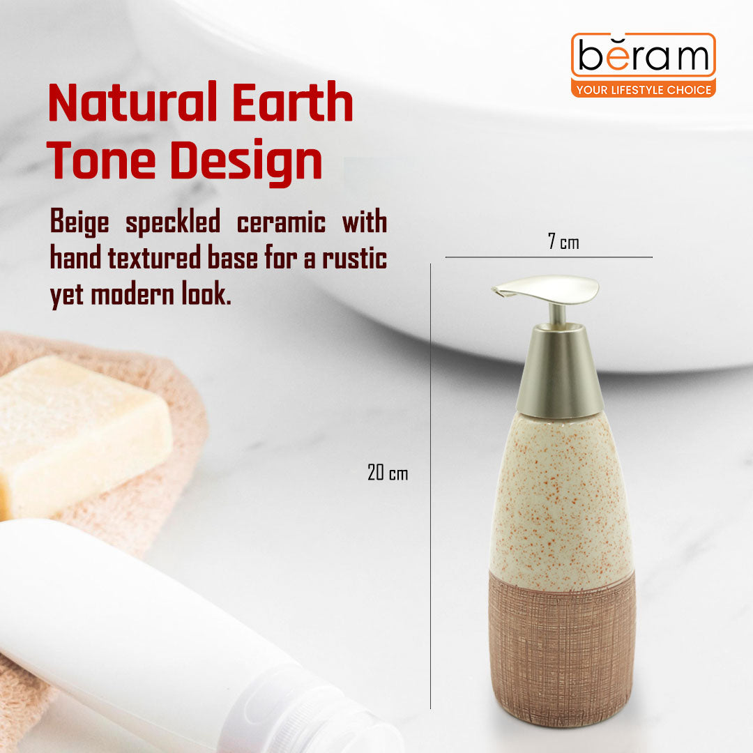 Beram Ceramic Soap Dispenser Hand Pump Bottle with Dotted Stripes Design Refillable Bathroom or Kitchen Countertop Accessory Elegant and Premium Touch