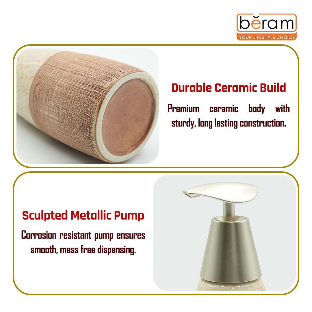 Beram Ceramic Soap Dispenser Hand Pump Bottle with Dotted Stripes Design Refillable Bathroom or Kitchen Countertop Accessory Elegant and Premium Touch