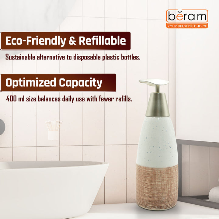 Beram Ceramic Soap Dispenser Hand Pump Bottle with Dotted Stripes Design Refillable Bathroom or Kitchen Countertop Accessory Elegant and Premium Touch