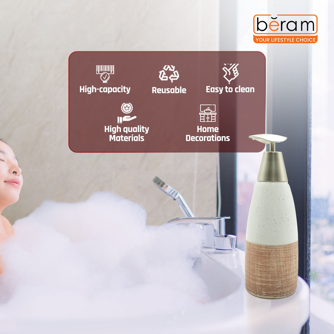 Beram Ceramic Soap Dispenser Hand Pump Bottle with Dotted Stripes Design Refillable Bathroom or Kitchen Countertop Accessory Elegant and Premium Touch