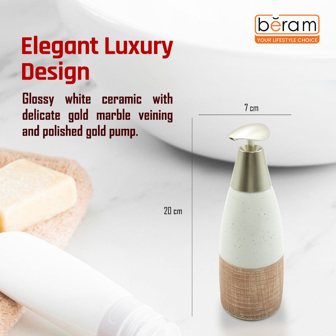Beram Ceramic Soap Dispenser Hand Pump Bottle with Dotted Stripes Design Refillable Bathroom or Kitchen Countertop Accessory Elegant and Premium Touch