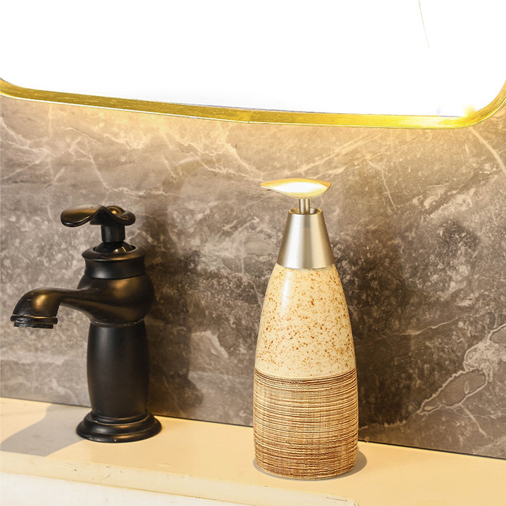Beram Ceramic Soap Dispenser Hand Pump Bottle with Dotted Stripes Design Refillable Bathroom or Kitchen Countertop Accessory Elegant and Premium Touch