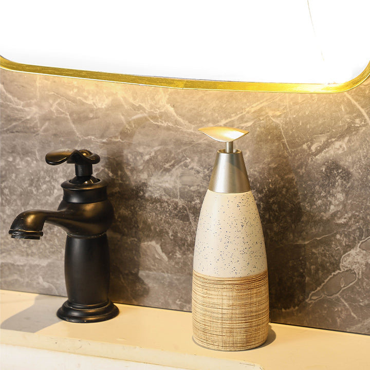 Beram Ceramic Soap Dispenser Hand Pump Bottle with Dotted Stripes Design Refillable Bathroom or Kitchen Countertop Accessory Elegant and Premium Touch