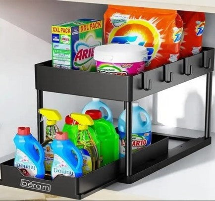 Beram Under Sink Organizer 2-Tier Sliding Cabinet Shelf Rack with Pull Out Drawer Hooks Double Layer Bathroom Kitchen Bedroom Countertop Storage Rack Space Saving Organizer Black