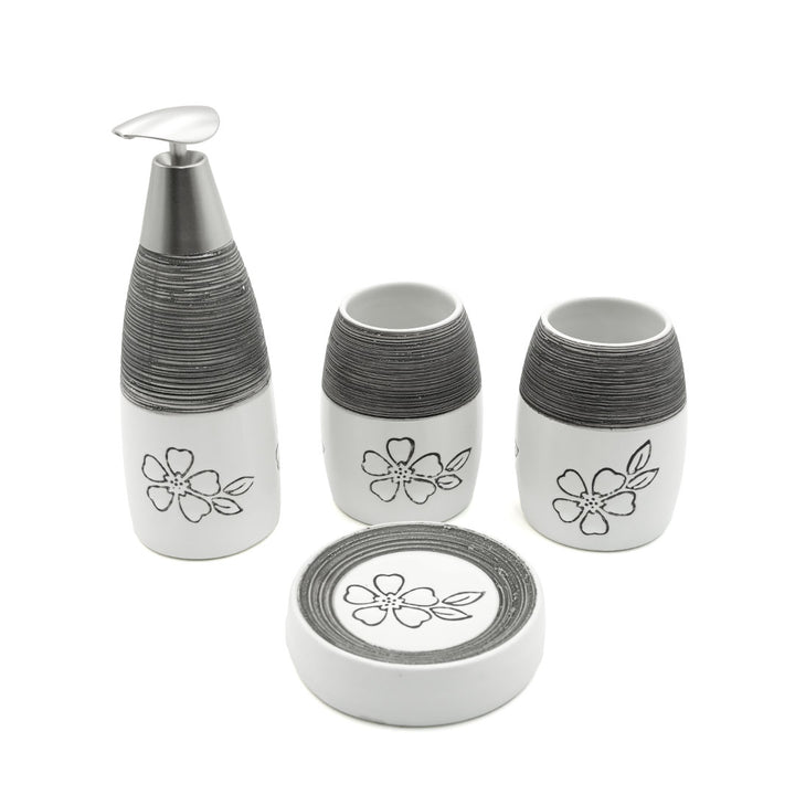 Beram 4Pcs Ceramic Bathroom and Kitchen Accessory Set Elegant Floral Embossed Design Toileteries with Soap Dispenser Tumbler/Toothbrush holder & Soap Dish White & Black Flower design (4 Pieces Set)