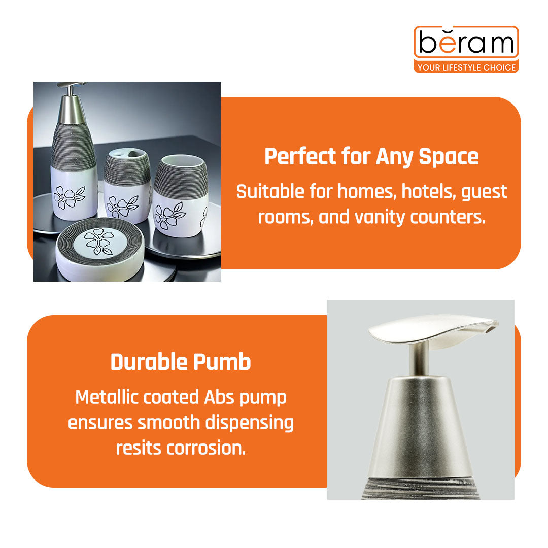 Beram 4Pcs Ceramic Bathroom and Kitchen Accessory Set Elegant Floral Embossed Design Toileteries with Soap Dispenser Tumbler/Toothbrush holder & Soap Dish White & Black Flower design (4 Pieces Set)