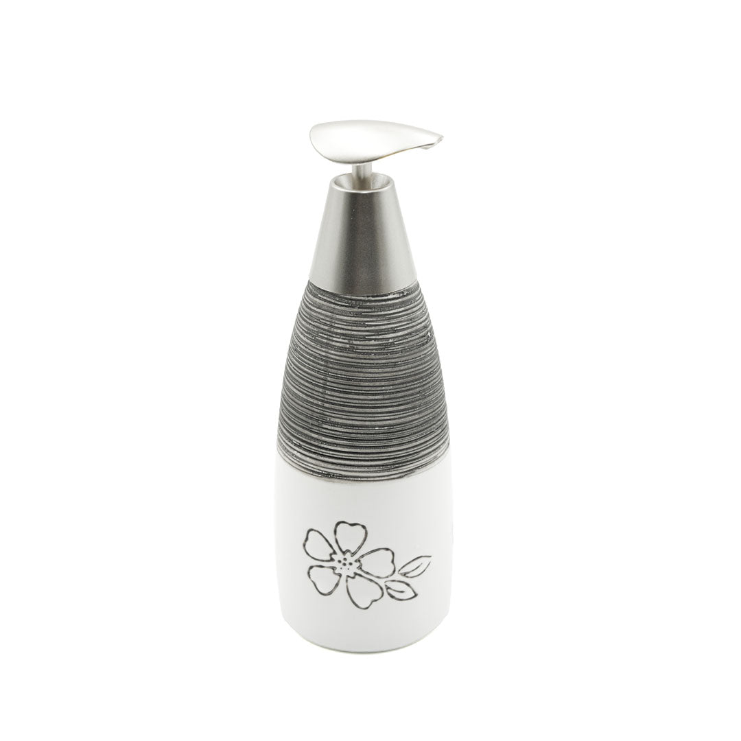 Beram 300ml White & Black Flower Design Ceramic Bathroom Accessory Elegant Floral Embossed Soap & Lotion Dispenser Modern Refillable Pump Bottle for Kitchen Vanity & Wash Basin Decor