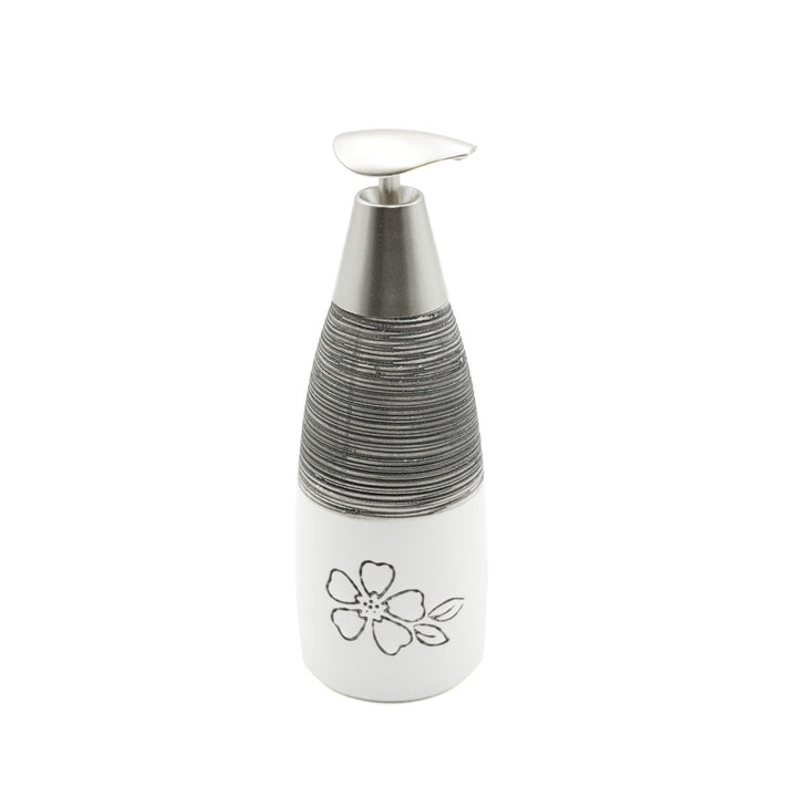 Beram 300ml White & Black Flower Design Ceramic Bathroom Accessory Elegant Floral Embossed Soap & Lotion Dispenser Modern Refillable Pump Bottle for Kitchen Vanity & Wash Basin Decor
