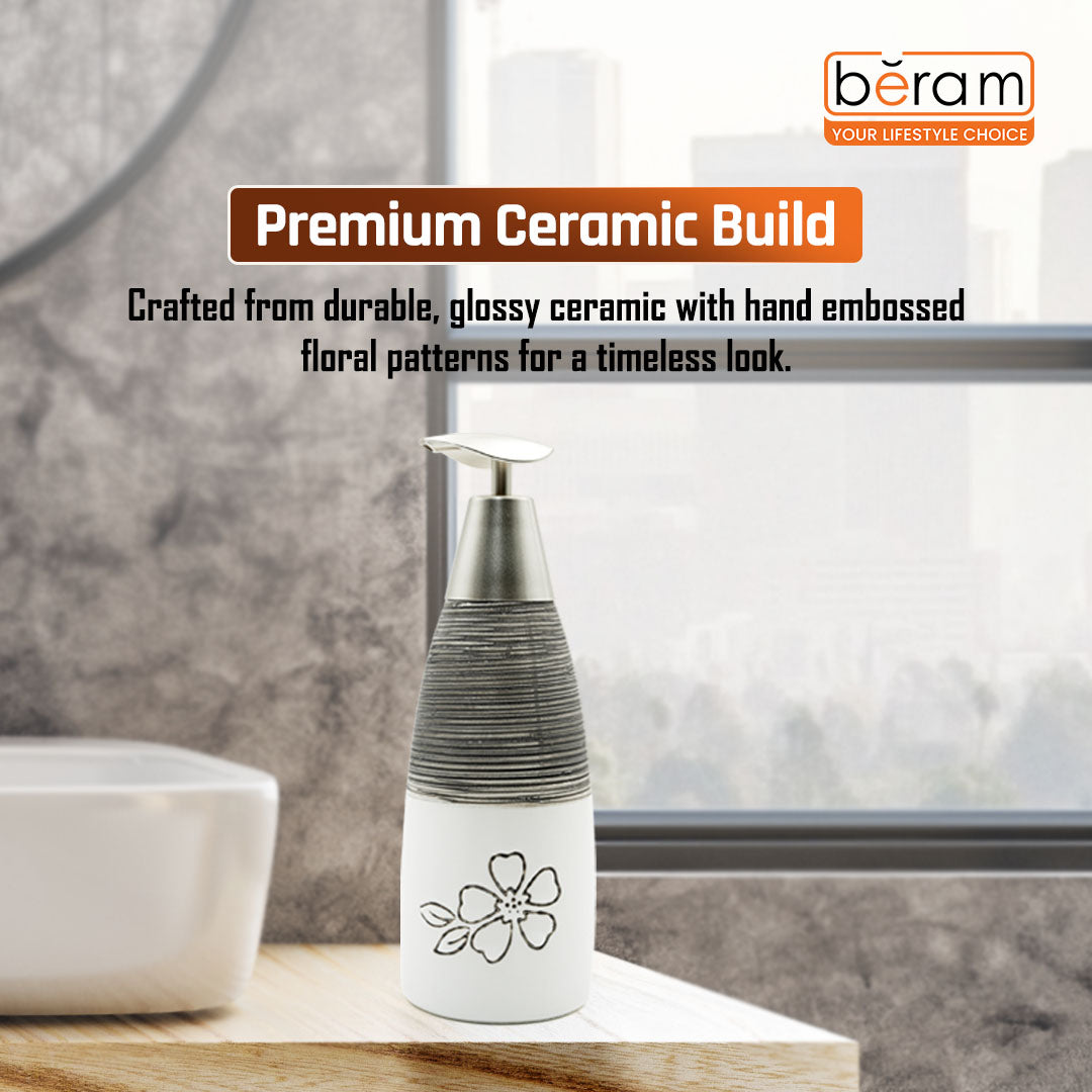 Beram 300ml White & Black Flower Design Ceramic Bathroom Accessory Elegant Floral Embossed Soap & Lotion Dispenser Modern Refillable Pump Bottle for Kitchen Vanity & Wash Basin Decor
