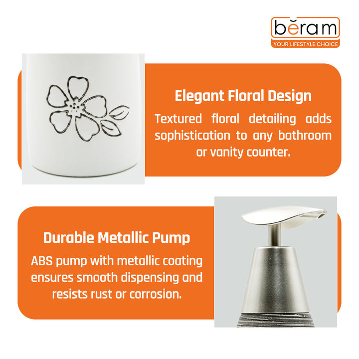 Beram 300ml White & Black Flower Design Ceramic Bathroom Accessory Elegant Floral Embossed Soap & Lotion Dispenser Modern Refillable Pump Bottle for Kitchen Vanity & Wash Basin Decor