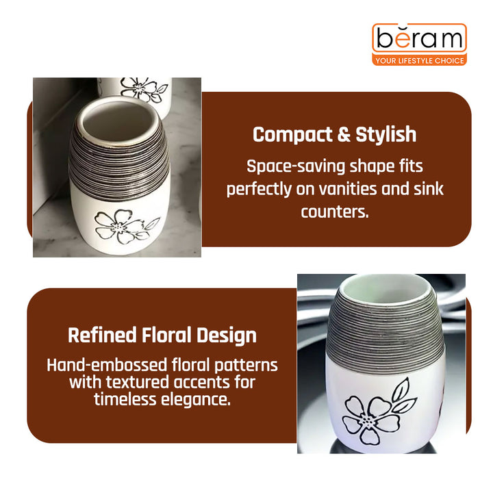 Beram 4Pcs Ceramic Bathroom and Kitchen Accessory Set Elegant Floral Embossed Design Toileteries with Soap Dispenser Tumbler/Toothbrush holder & Soap Dish White & Black Flower design (4 Pieces Set)