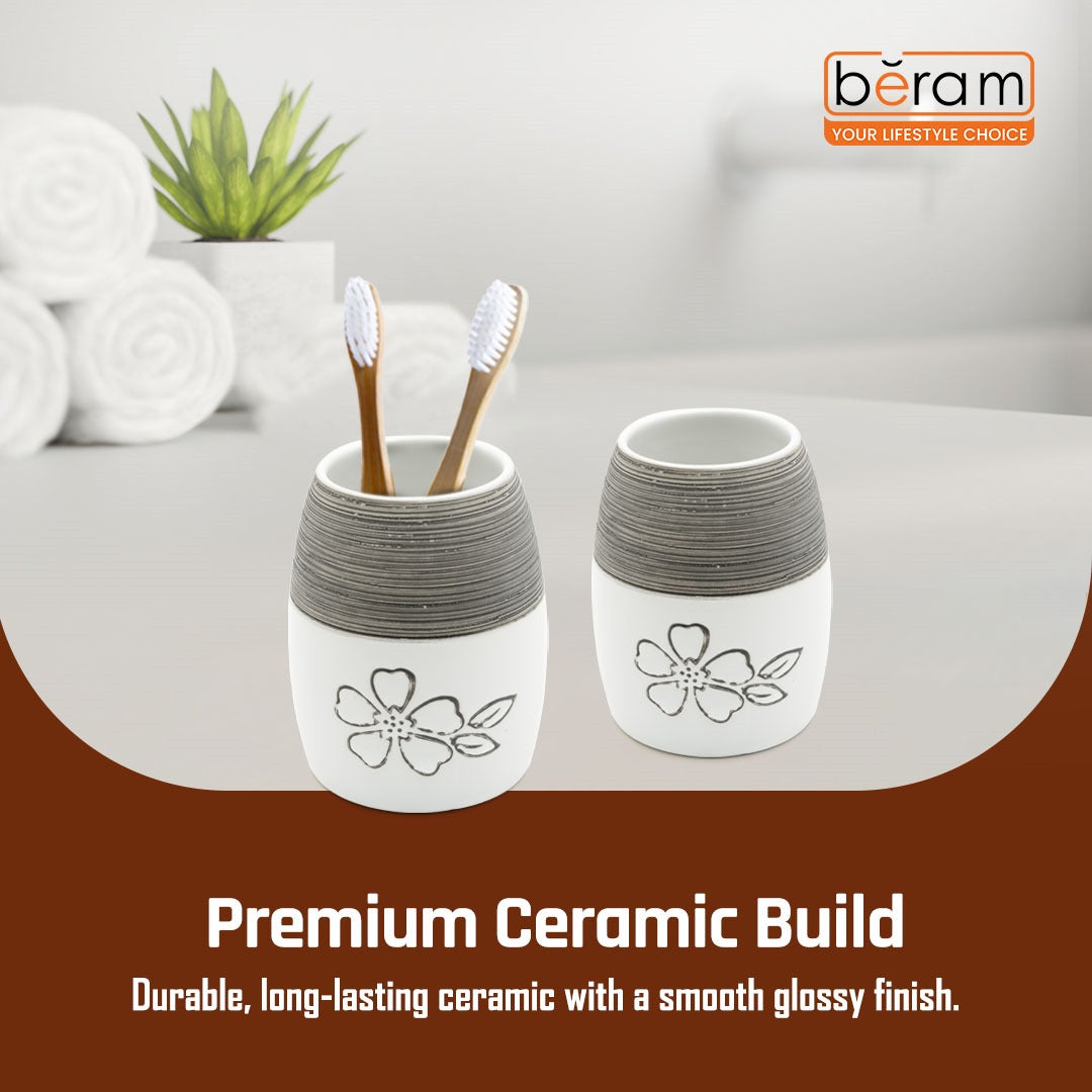 Beram 4Pcs Ceramic Bathroom and Kitchen Accessory Set Elegant Floral Embossed Design Toileteries with Soap Dispenser Tumbler/Toothbrush holder & Soap Dish White & Black Flower design (4 Pieces Set)