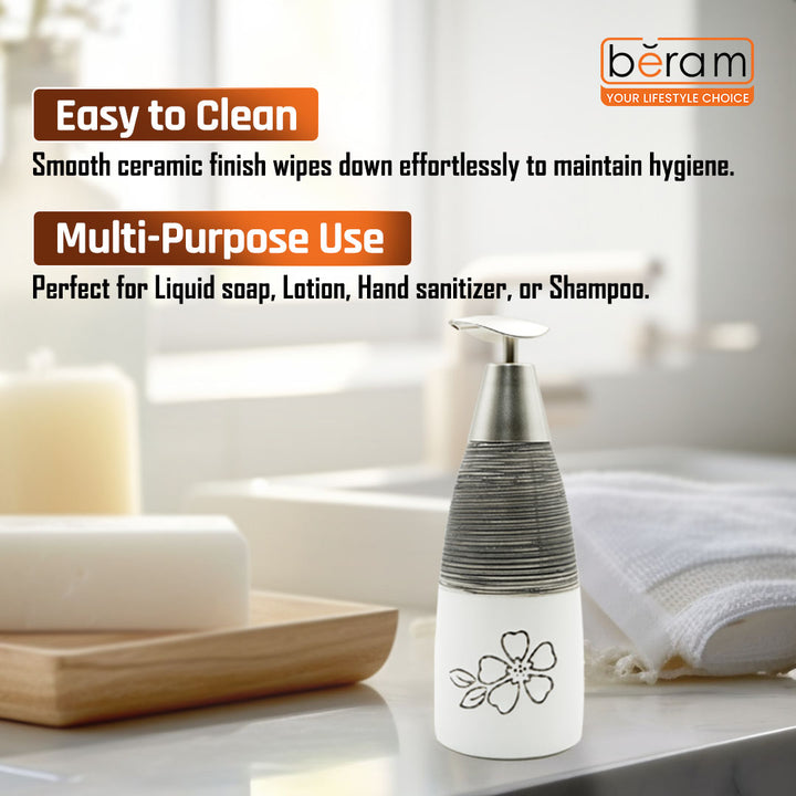 Beram 4Pcs Ceramic Bathroom and Kitchen Accessory Set Elegant Floral Embossed Design Toileteries with Soap Dispenser Tumbler/Toothbrush holder & Soap Dish White & Black Flower design (4 Pieces Set)