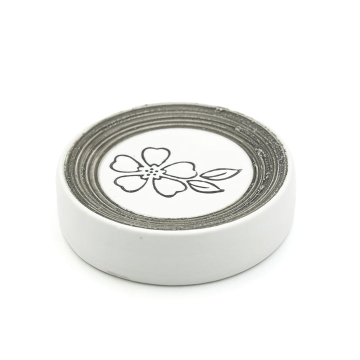 Beram 4Pcs Ceramic Bathroom and Kitchen Accessory Set Elegant Floral Embossed Design Toileteries with Soap Dispenser Tumbler/Toothbrush holder & Soap Dish White & Black Flower design (4 Pieces Set)