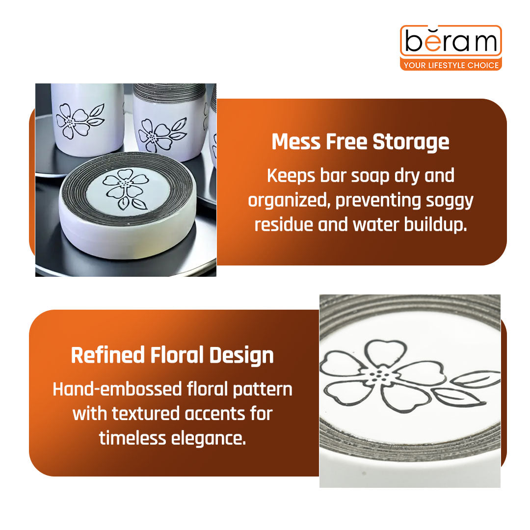 Beram 4Pcs Ceramic Bathroom and Kitchen Accessory Set Elegant Floral Embossed Design Toileteries with Soap Dispenser Tumbler/Toothbrush holder & Soap Dish White & Black Flower design (4 Pieces Set)