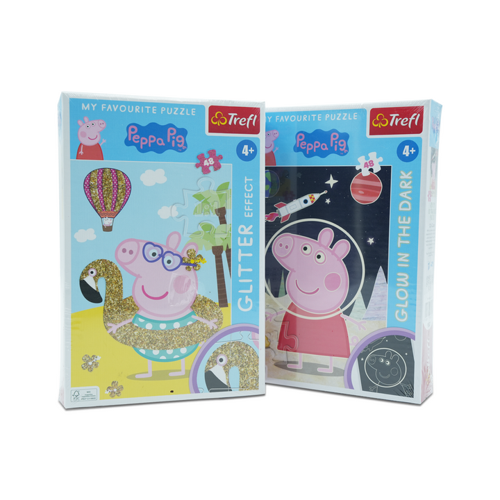 Trefl Peppa Pig Puzzle Set – Glitter Effect & Glow in the Dark | 2-in-1 48-Piece Puzzle Combo for Kids Age 4+ | Sparkly Flamingo & Space Adventure Themes | Learning Through Play | Vibrant, Durable Pieces