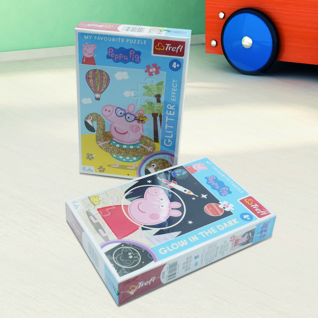 Trefl Peppa Pig Puzzle Set – Glitter Effect & Glow in the Dark | 2-in-1 48-Piece Puzzle Combo for Kids Age 4+ | Sparkly Flamingo & Space Adventure Themes | Learning Through Play | Vibrant, Durable Pieces