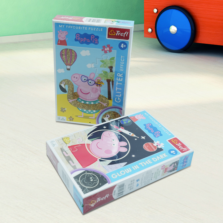 Trefl Peppa Pig Puzzle Set – Glitter Effect & Glow in the Dark | 2-in-1 48-Piece Puzzle Combo for Kids Age 4+ | Sparkly Flamingo & Space Adventure Themes | Learning Through Play | Vibrant, Durable Pieces