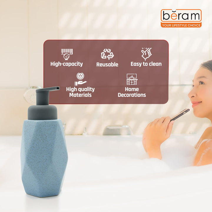 Beram Hexagon shaped Ceramic Liquid Soap Dispenser 350ml Modern Faceted Design with Black Pump Refillable 350ml Dotted Lotion & Hand Soap Dispenser for Bathroom & Kitchen