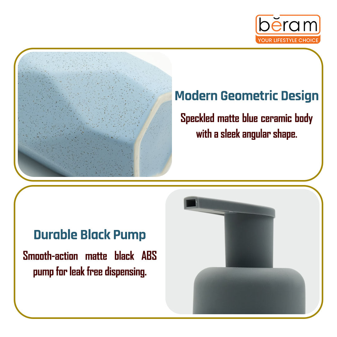 Beram Hexagon shaped Ceramic Liquid Soap Dispenser 350ml Modern Faceted Design with Black Pump Refillable 350ml Dotted Lotion & Hand Soap Dispenser for Bathroom & Kitchen