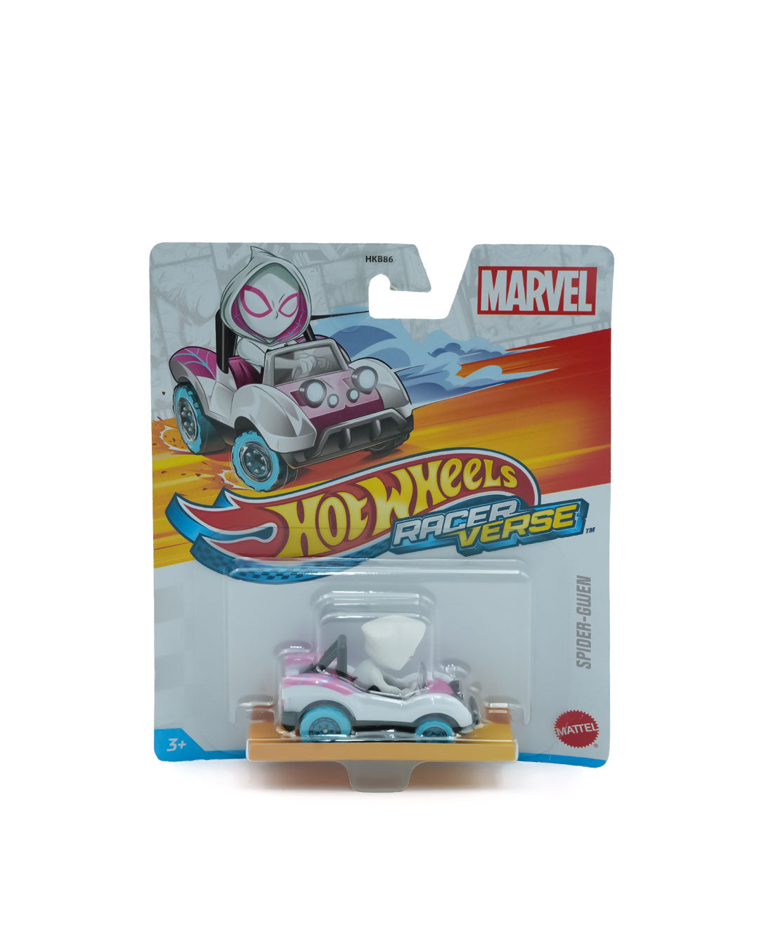 Mattel Hot Wheels RacerVerse Spider-Gwen Die-Cast Car – Marvel Superhero Vehicle for Kids 3+ | Stylish Pink & White Design with Gwen Stacy Figure | Compatible with Hot Wheels Tracks | Great Gift for Spider-Verse Fans | Durable & Collectible Toy Car