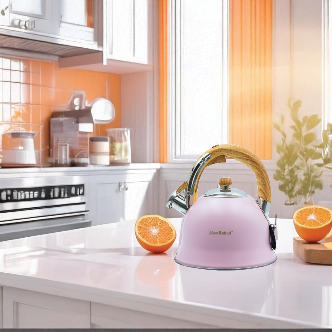Haus Roland Stainless Steel Whistling Tea Kettle, Wooden Handles, 3L Capacity, Flat Bottom, for Electric, Gas, Induction, Radiation Stoves, Fast Boiling Teapot, Kitchen Utensils