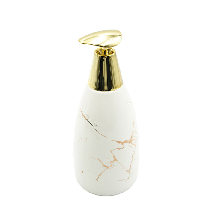 Beram Marble Soap Dispenser 470ml Multi-Purpose Ceramic Pump for Hand Soap Lotion Sanitizer or Shampoo Glossy White and Gold Marble Look Bathroom (Gold and White Flate Tip)