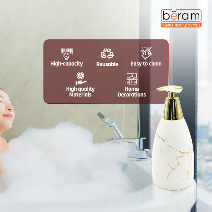Beram Marble Soap Dispenser 470ml Multi-Purpose Ceramic Pump for Hand Soap Lotion Sanitizer or Shampoo Glossy White and Gold Marble Look Bathroom (Gold and White Flate Tip)
