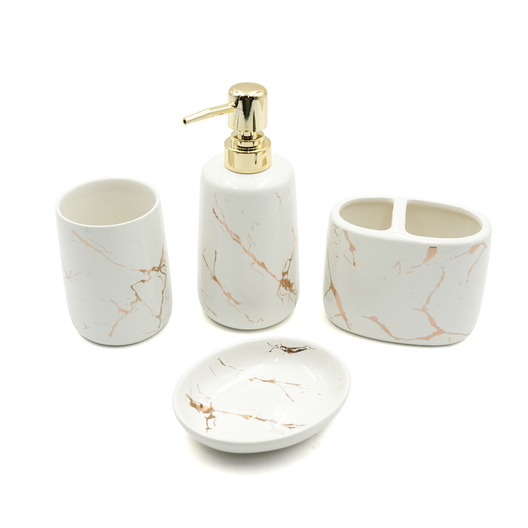 Beram Ceramic Bathroom Accessory Marble Gold and White Round Tip 4PCS Set Includes lotion dispenser toothbrush holder (2in1 Holder) tumbler and soap dish Luxury Glossy white ceramic