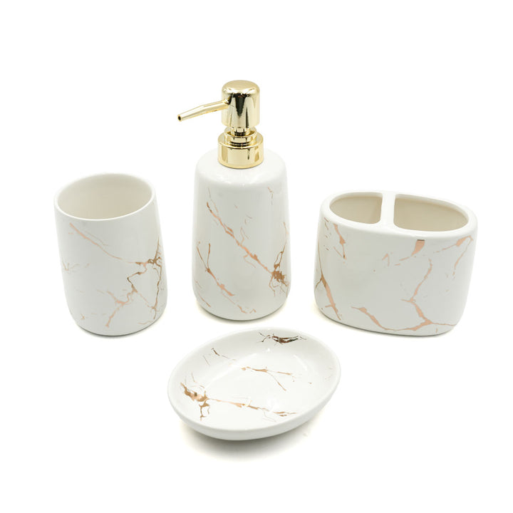 Beram Ceramic Bathroom Accessory Marble Gold and White Round Tip 4PCS Set Includes lotion dispenser toothbrush holder (2in1 Holder) tumbler and soap dish Luxury Glossy white ceramic