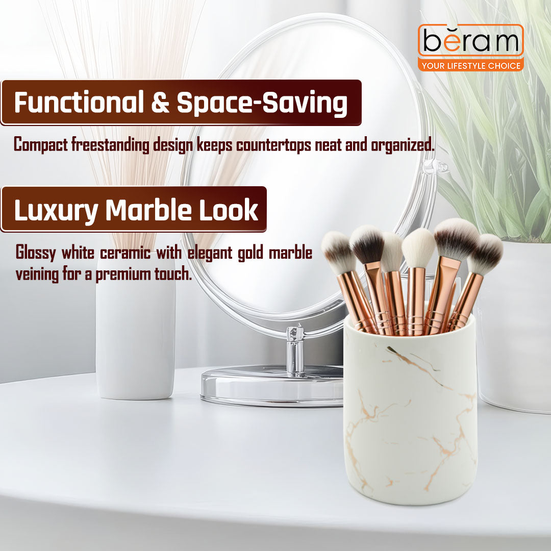 Beram Ceramic Bathroom Accessory Marble Gold and White Round Tip 4PCS Set Includes lotion dispenser toothbrush holder (2in1 Holder) tumbler and soap dish Luxury Glossy white ceramic