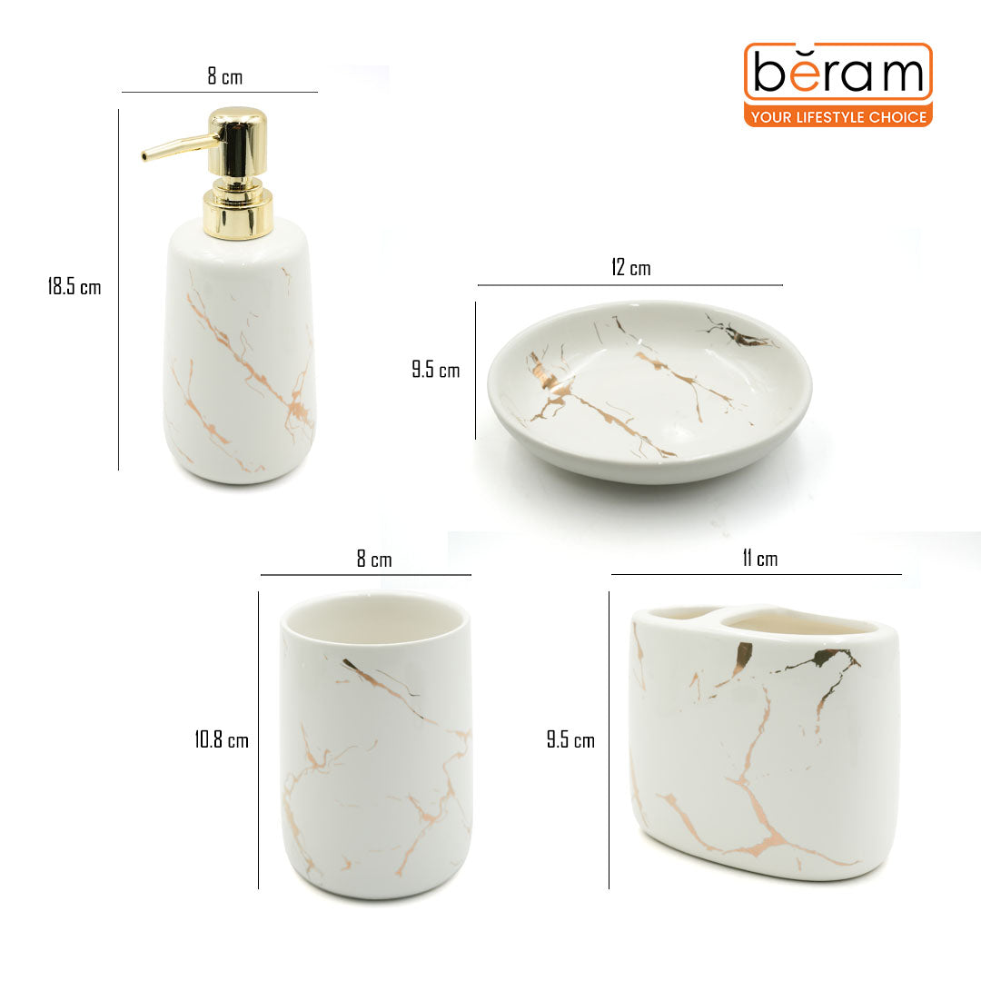 Beram Ceramic Bathroom Accessory Marble Gold and White Round Tip 4PCS Set Includes lotion dispenser toothbrush holder (2in1 Holder) tumbler and soap dish Luxury Glossy white ceramic