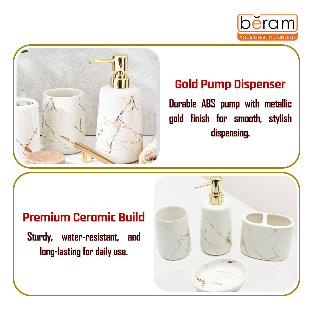 Beram Ceramic Bathroom Accessory Marble Gold and White Round Tip 4PCS Set Includes lotion dispenser toothbrush holder (2in1 Holder) tumbler and soap dish Luxury Glossy white ceramic