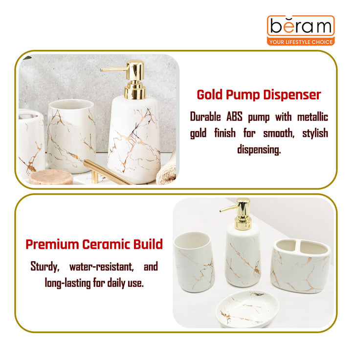 Beram Ceramic Bathroom Accessory Marble Gold and White Round Tip 4PCS Set Includes lotion dispenser toothbrush holder (2in1 Holder) tumbler and soap dish Luxury Glossy white ceramic