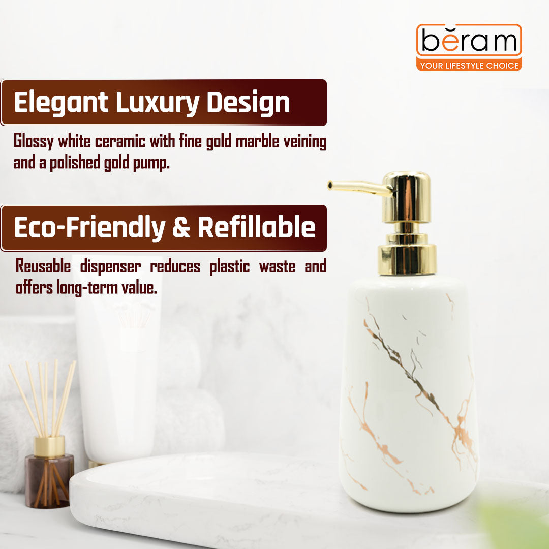 Beram Marble Soap Dispenser 400ml Multi-Purpose Ceramic Pump for Hand Soap Lotion Sanitizer or Shampoo Glossy White and Gold Marble Look Bathroom (Gold and White Round Tip)