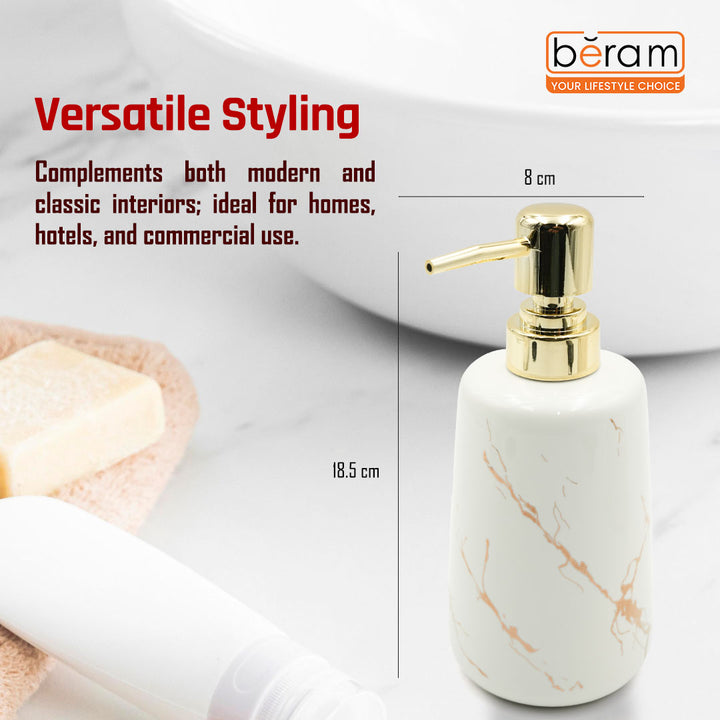 Beram Marble Soap Dispenser 400ml Multi-Purpose Ceramic Pump for Hand Soap Lotion Sanitizer or Shampoo Glossy White and Gold Marble Look Bathroom (Gold and White Round Tip)