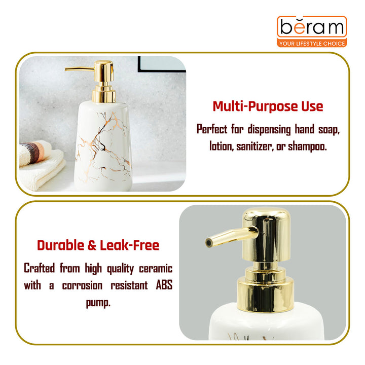 Beram Marble Soap Dispenser 400ml Multi-Purpose Ceramic Pump for Hand Soap Lotion Sanitizer or Shampoo Glossy White and Gold Marble Look Bathroom (Gold and White Round Tip)