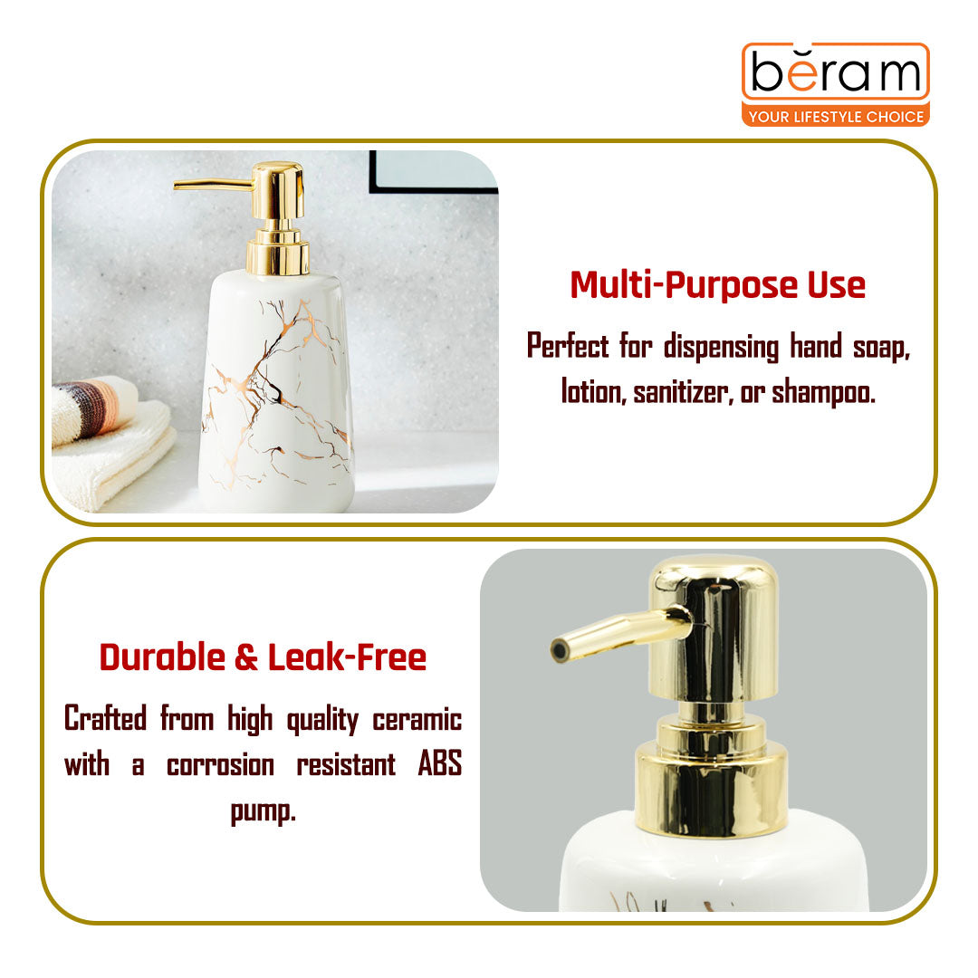 Beram Ceramic Bathroom Accessory Marble Gold and White Round Tip 4PCS Set Includes lotion dispenser toothbrush holder (2in1 Holder) tumbler and soap dish Luxury Glossy white ceramic