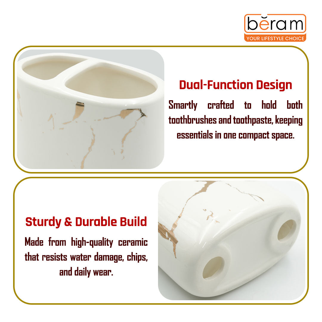 Beram Ceramic Bathroom Accessory Marble Gold and White Round Tip 4PCS Set Includes lotion dispenser toothbrush holder (2in1 Holder) tumbler and soap dish Luxury Glossy white ceramic