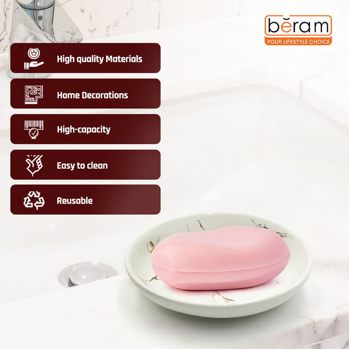 Beram Ceramic Bathroom Accessory Marble Gold and White Round Tip 4PCS Set Includes lotion dispenser toothbrush holder (2in1 Holder) tumbler and soap dish Luxury Glossy white ceramic