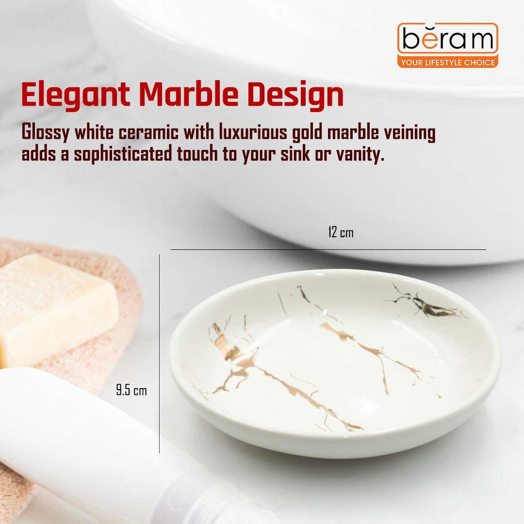 Beram Ceramic Bathroom Accessory Marble Gold and White Round Tip 4PCS Set Includes lotion dispenser toothbrush holder (2in1 Holder) tumbler and soap dish Luxury Glossy white ceramic