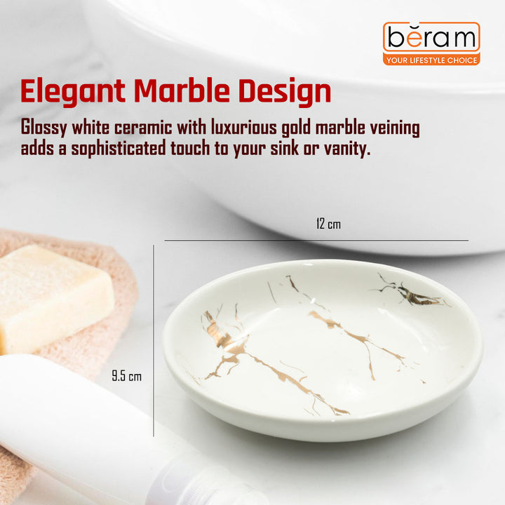 Beram Ceramic Bathroom Accessory Marble Gold and White Round Tip 4PCS Set Includes lotion dispenser toothbrush holder (2in1 Holder) tumbler and soap dish Luxury Glossy white ceramic