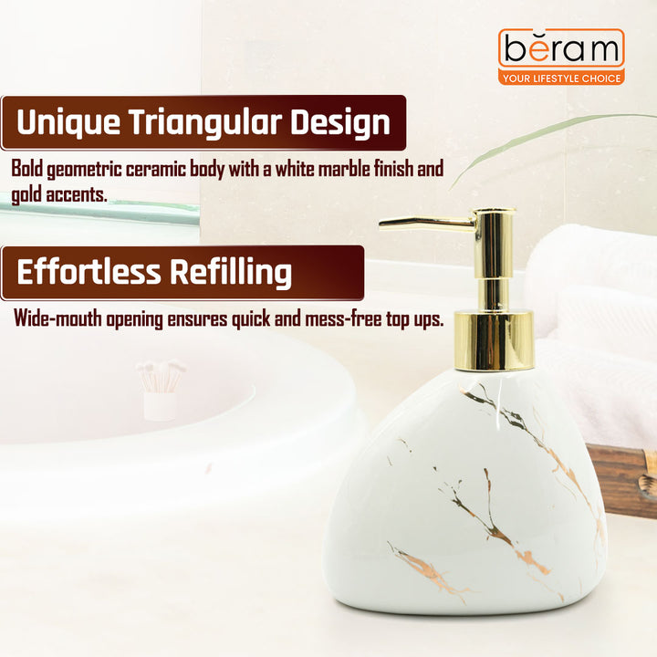 Beram Marble Soap Dispenser 450ml Bathroom Accessory Multi-Purpose Ceramic Pump for Hand Soap Lotion Sanitizer or Shampoo Glossy White and Gold Marble Look (Pear -White and Gold)