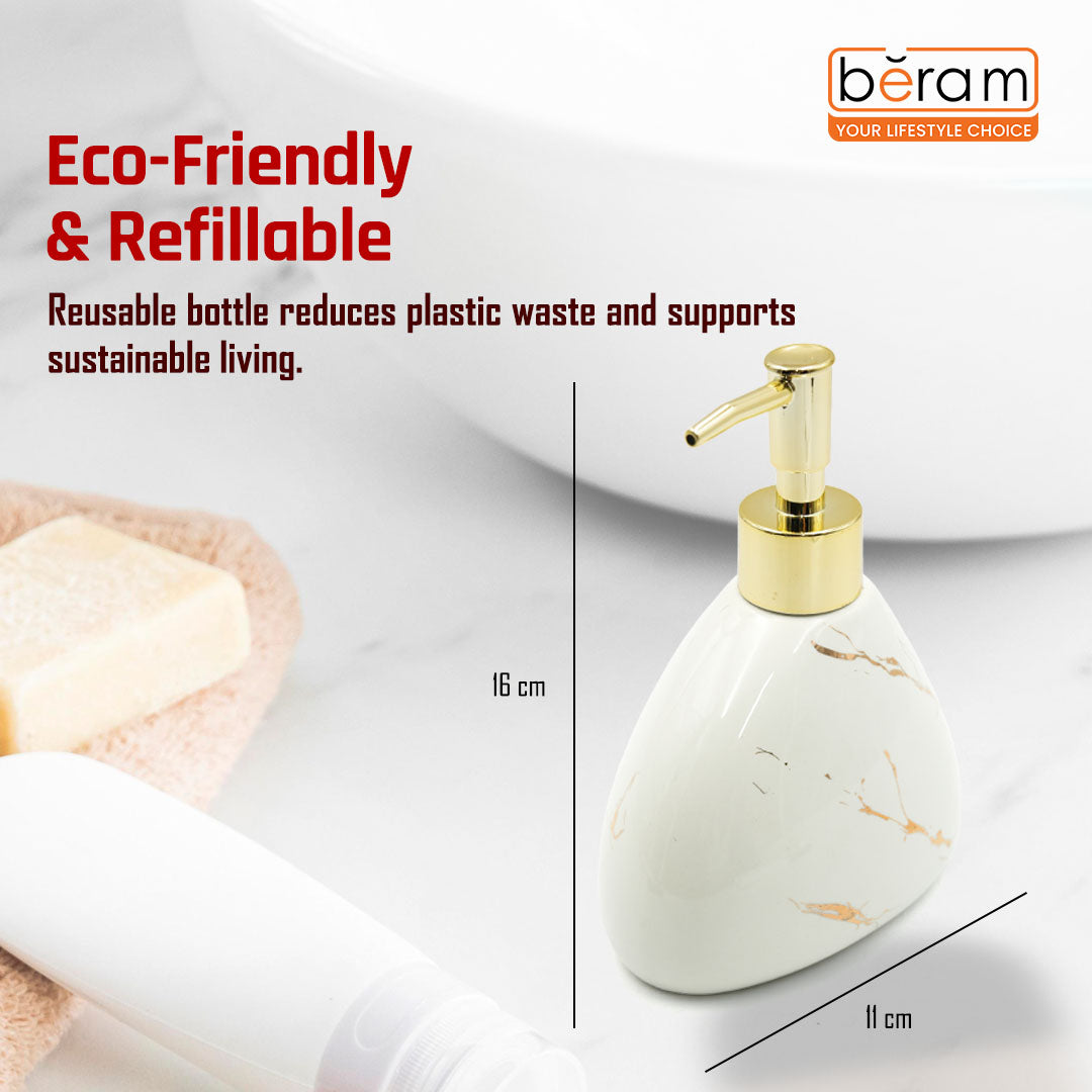 Beram Marble Soap Dispenser 450ml Bathroom Accessory Multi-Purpose Ceramic Pump for Hand Soap Lotion Sanitizer or Shampoo Glossy White and Gold Marble Look (Pear -White and Gold)