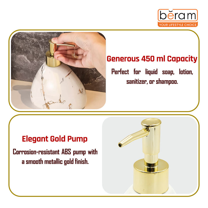 Beram Marble Soap Dispenser 450ml Bathroom Accessory Multi-Purpose Ceramic Pump for Hand Soap Lotion Sanitizer or Shampoo Glossy White and Gold Marble Look (Pear -White and Gold)