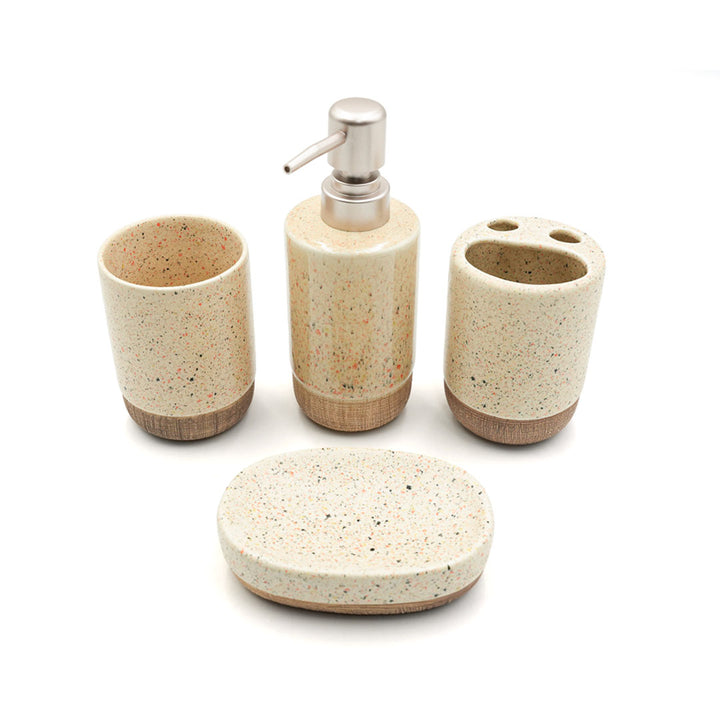 Beram 4pcs Multidots Brown Ceramic Bathroom Accessory Set Terrazzo Finish with Soap Dispenser Tumbler Toothbrush Holder and Soap Dish perfect for bathroom or kitchen countertop