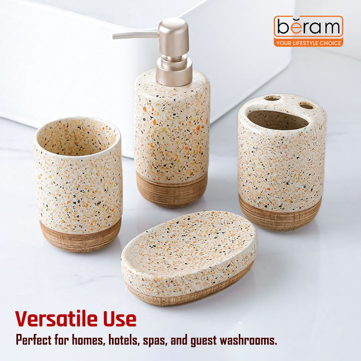 Beram 4pcs Multidots Brown Ceramic Bathroom Accessory Set Terrazzo Finish with Soap Dispenser Tumbler Toothbrush Holder and Soap Dish perfect for bathroom or kitchen countertop