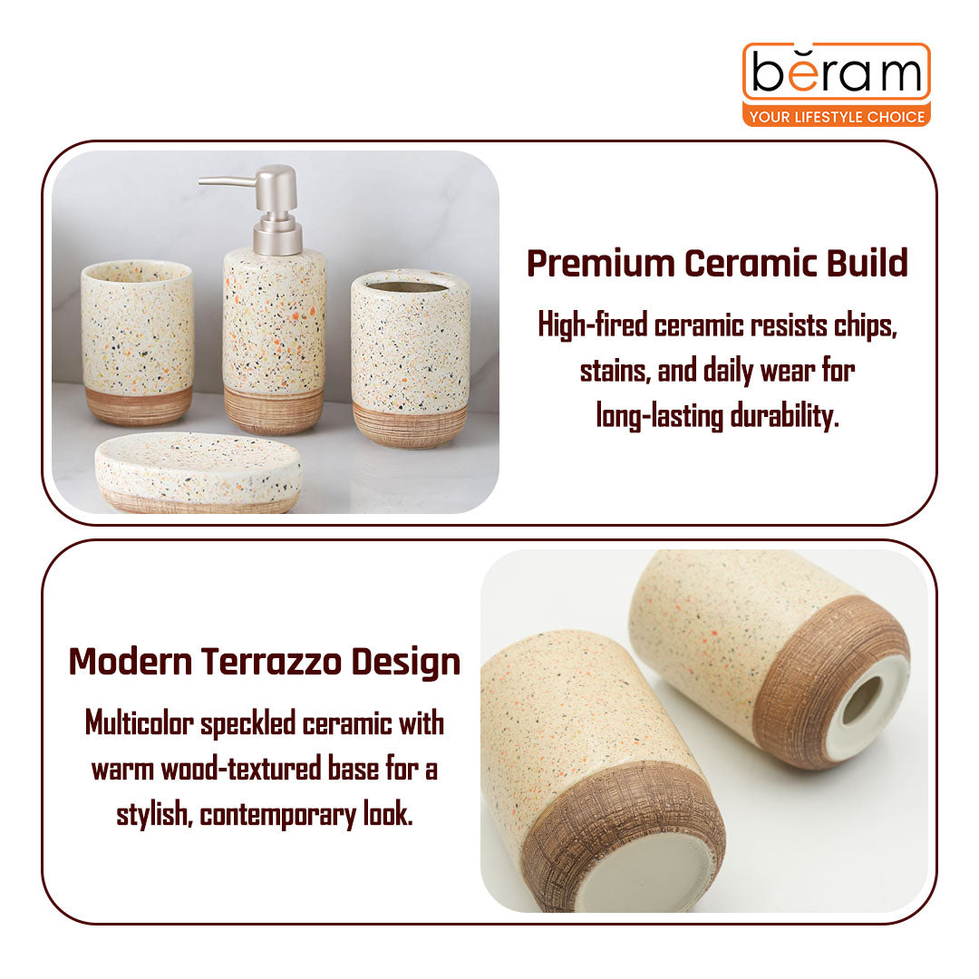 Beram 4pcs Multidots Brown Ceramic Bathroom Accessory Set Terrazzo Finish with Soap Dispenser Tumbler Toothbrush Holder and Soap Dish perfect for bathroom or kitchen countertop