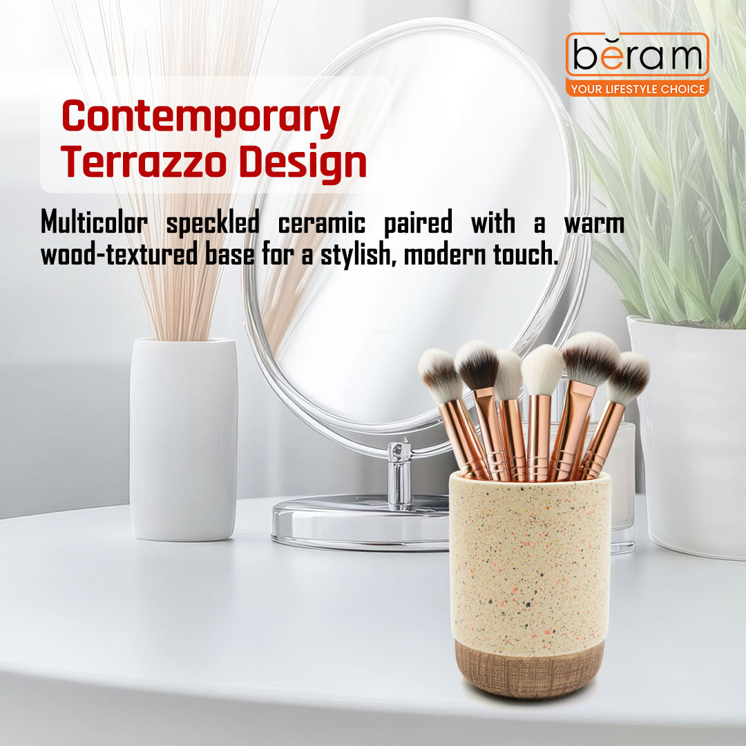 Beram 4pcs Multidots Brown Ceramic Bathroom Accessory Set Terrazzo Finish with Soap Dispenser Tumbler Toothbrush Holder and Soap Dish perfect for bathroom or kitchen countertop