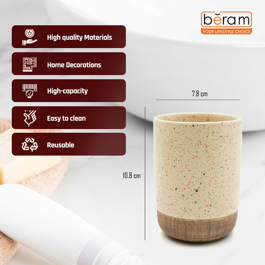 Beram 4pcs Multidots Brown Ceramic Bathroom Accessory Set Terrazzo Finish with Soap Dispenser Tumbler Toothbrush Holder and Soap Dish perfect for bathroom or kitchen countertop